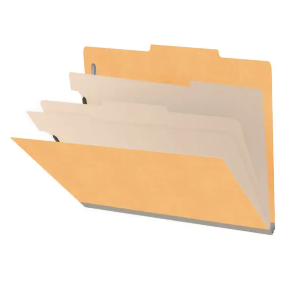 Gold letter size top tab classification folder with 3" gray tyvek expansion, with 2" bonded fasteners on inside front and inside back and 1" duo fastener on dividers, 18 pt paper stock and 18 pt manila dividers, Packaged 10/50