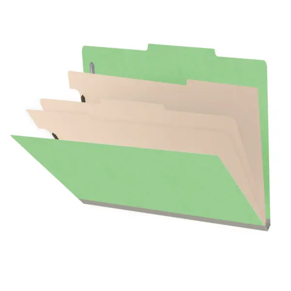 Green letter size top tab classification folder with 3" gray tyvek expansion, with 2" bonded fasteners on inside front and inside back and 1" duo fastener on dividers, 18 pt paper stock and 18 pt manila dividers, Packaged 10/50