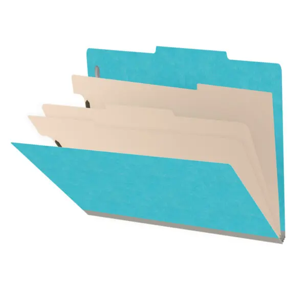 Light blue letter size top tab classification folder with 3" gray tyvek expansion, with 2" bonded fasteners on inside front and inside back and 1" duo fastener on dividers, 18 pt paper stock and 18 pt manila dividers, Packaged 10/50