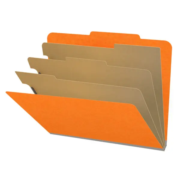 Orange letter size top tab classification folder with 3" gray tyvek expansion, with 2" bonded fasteners on inside front and inside back and 1" duo fastener on dividers, 18 pt paper stock and 18 pt manila dividers, Packaged 10/50