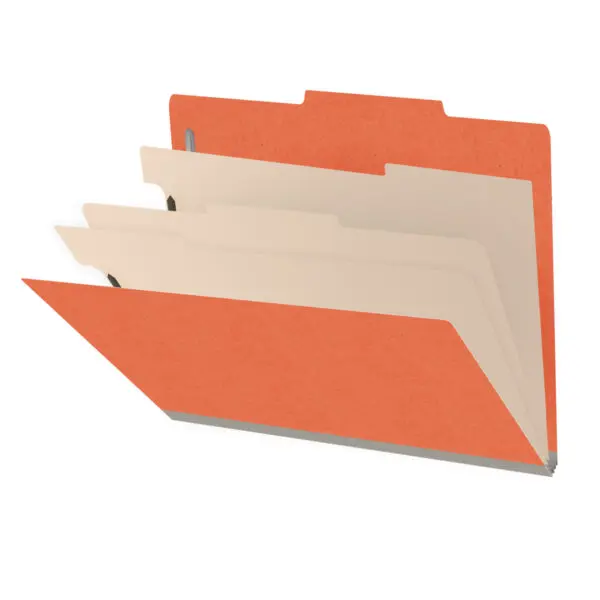 Orange letter size top tab classification folder with 3" gray tyvek expansion, with 2" bonded fasteners on inside front and inside back and 1" duo fastener on dividers, 18 pt paper stock and 18 pt manila dividers, Packaged 10/50
