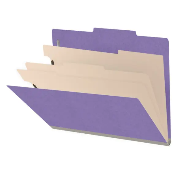 Purple letter size top tab classification folder with 3" gray tyvek expansion, with 2" bonded fasteners on inside front and inside back and 1" duo fastener on dividers, 18 pt paper stock and 18 pt manila dividers, Packaged 10/50