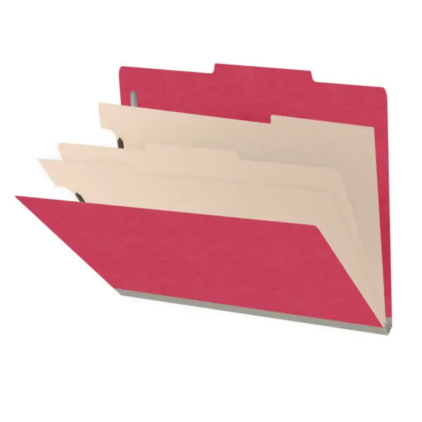 Red letter size top tab classification folder with 3" gray tyvek expansion, with 2" bonded fasteners on inside front and inside back and 1" duo fastener on dividers, 18 pt paper stock and 18 pt manila dividers, Packaged 10/50