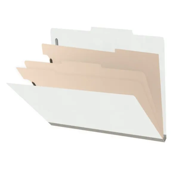 White letter size top tab classification folder with 3" gray tyvek expansion, with 2" bonded fasteners on inside front and inside back and 1" duo fastener on dividers, 18 pt paper stock and 18 pt manila dividers, Packaged 10/50