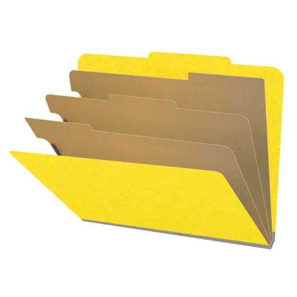 Yellow letter size top tab classification folder with 3" gray tyvek expansion, with 2" bonded fasteners on inside front and inside back and 1" duo fastener on dividers, 18 pt paper stock and 18 pt manila dividers, Packaged 10/50
