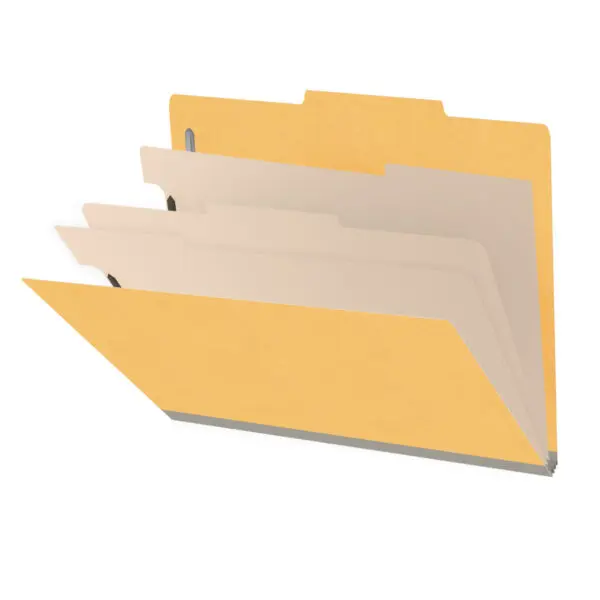 Yellow letter size top tab classification folder with 3" gray tyvek expansion, with 2" bonded fasteners on inside front and inside back and 1" duo fastener on dividers, 18 pt paper stock and 18 pt manila dividers, Packaged 10/50