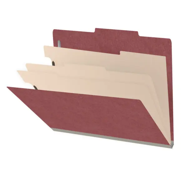 Dark red letter size top tab three divider classification folder with 3" russet brown tyvek expansion, with 2" bonded fasteners on inside front and inside back and 1" duo fastener on dividers, 25 pt type 3 pressboard stock covers and 18 pt manila dividers, Packaged 10/50