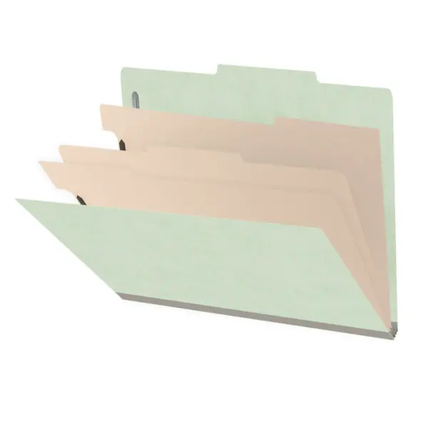 Pale green letter size top tab three divider classification folder with 3" gray tyvek expansion, with 2" bonded fasteners on inside front and inside back and 1" duo fastener on dividers, 25 pt type 3 pressboard stock covers and 18 pt manila dividers, Packaged 10/50