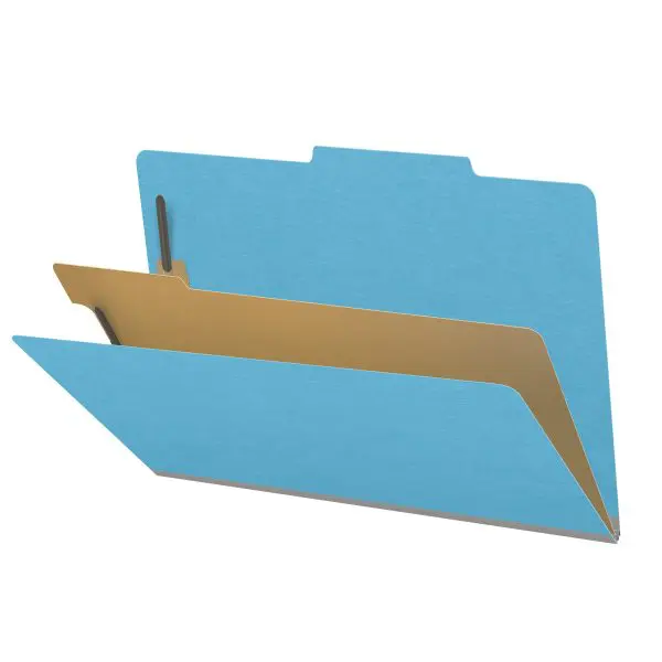 Blue legal size top tab classification folder with 2" gray tyvek expansion, with 2" bonded fasteners on inside front and inside back and 1" duo fastener on divider, 18 pt paper stock and 18 pt manila divider, Packaged 10/50