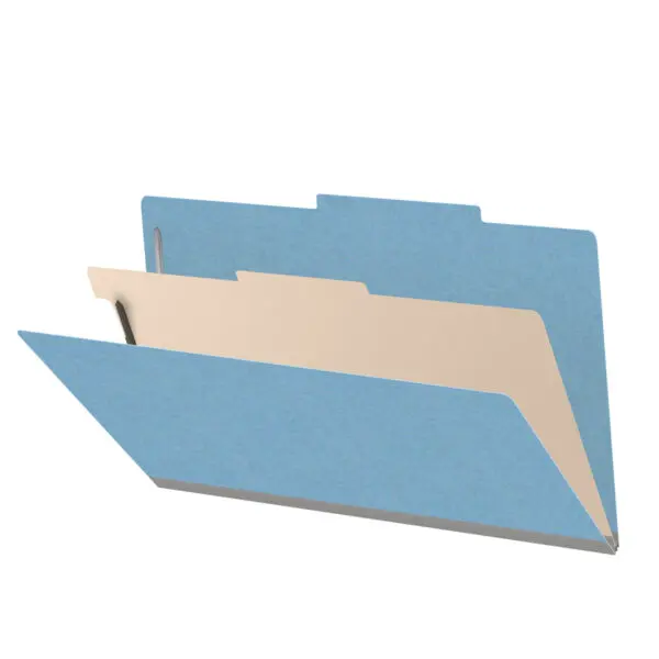 Blue legal size top tab classification folder with 2" gray tyvek expansion, with 2" bonded fasteners on inside front and inside back and 1" duo fastener on divider, 18 pt paper stock and 18 pt manila divider, Packaged 10/50
