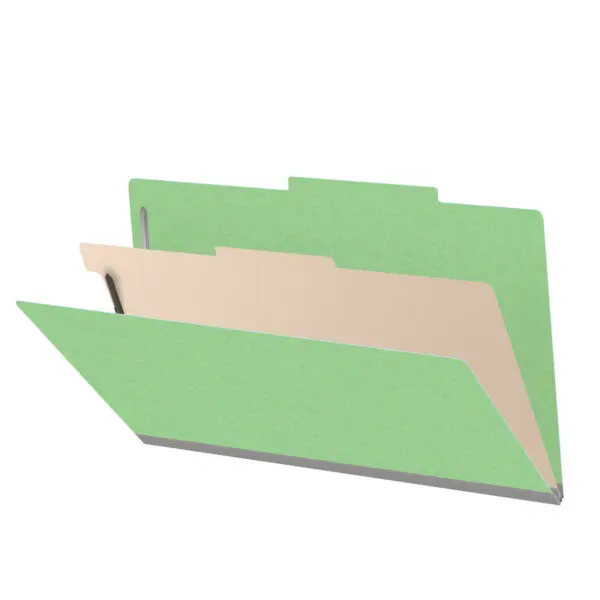 Green legal size top tab classification folder with 2" gray tyvek expansion, with 2" bonded fasteners on inside front and inside back and 1" duo fastener on divider, 18 pt paper stock and 18 pt manila divider, Packaged 10/50