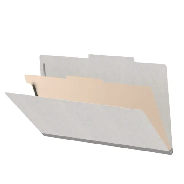 Grey legal size top tab classification folder with 2" gray tyvek expansion, with 2" bonded fasteners on inside front and inside back and 1" duo fastener on divider, 18 pt paper stock and 18 pt manila divider, Packaged 10/50
