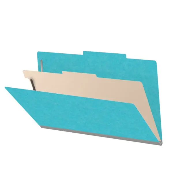Light blue legal size top tab classification folder with 2" gray tyvek expansion, with 2" bonded fasteners on inside front and inside back and 1" duo fastener on divider, 18 pt paper stock and 18 pt manila divider, Packaged 10/50
