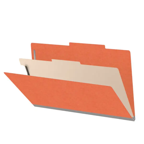 Orange legal size top tab classification folder with 2" gray tyvek expansion, with 2" bonded fasteners on inside front and inside back and 1" duo fastener on divider, 18 pt paper stock and 18 pt manila divider, Packaged 10/50
