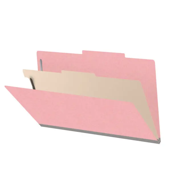 Pink legal size top tab classification folder with 2" gray tyvek expansion, with 2" bonded fasteners on inside front and inside back and 1" duo fastener on divider, 18 pt paper stock and 18 pt manila divider, Packaged 10/50