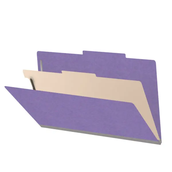 Purple legal size top tab classification folder with 2" gray tyvek expansion, with 2" bonded fasteners on inside front and inside back and 1" duo fastener on divider, 18 pt paper stock and 18 pt manila divider, Packaged 10/50