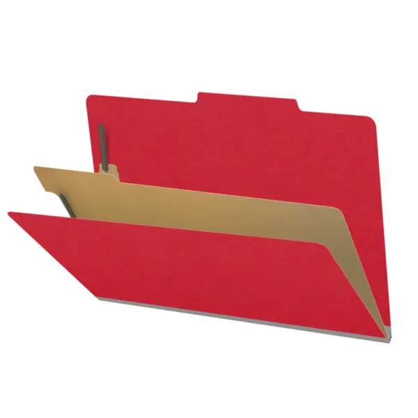 Red legal size top tab classification folder with 2" gray tyvek expansion, with 2" bonded fasteners on inside front and inside back and 1" duo fastener on divider, 18 pt paper stock and 18 pt manila divider, Packaged 10/50