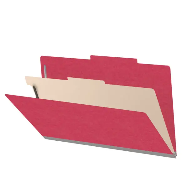 Red legal size top tab classification folder with 2" gray tyvek expansion, with 2" bonded fasteners on inside front and inside back and 1" duo fastener on divider, 18 pt paper stock and 18 pt manila divider, Packaged 10/50