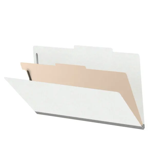 White legal size top tab classification folder with 2" gray tyvek expansion, with 2" bonded fasteners on inside front and inside back and 1" duo fastener on divider, 18 pt paper stock and 18 pt manila divider, Packaged 10/50