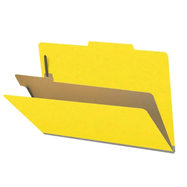 Yellow legal size top tab classification folder with 2" gray tyvek expansion, with 2" bonded fasteners on inside front and inside back and 1" duo fastener on divider, 18 pt paper stock and 18 pt manila divider, Packaged 10/50