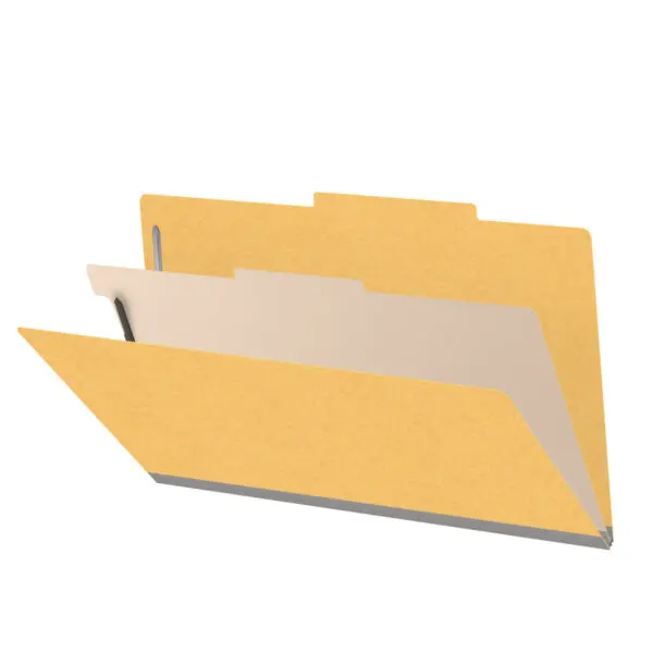 Yellow legal size top tab classification folder with 2" gray tyvek expansion, with 2" bonded fasteners on inside front and inside back and 1" duo fastener on divider, 18 pt paper stock and 18 pt manila divider, Packaged 10/50