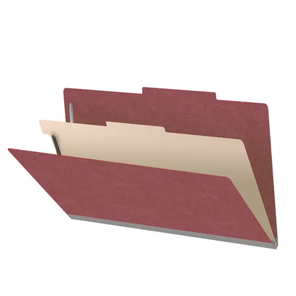 Dark red legal size top tab one divider classification folder with 2" russet brown tyvek expansion, with 2" bonded fasteners on inside front and inside back and 1" duo fastener on divider, 25 pt type 3 pressboard stock covers and 18 pt manila divider, Packaged 10/50
