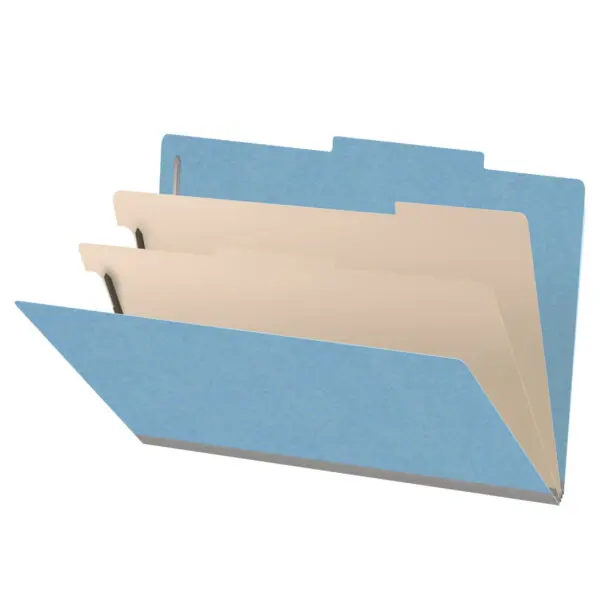 Blue legal size top tab classification folder with 2" gray tyvek expansion, with 2" bonded fasteners on inside front and inside back and 1" duo fastener on dividers, 18 pt paper stock and 18 pt manila dividers, Packaged 10/50