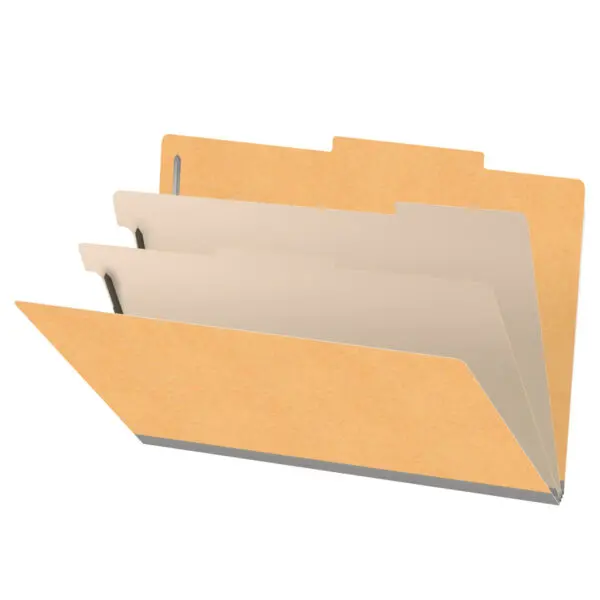 Gold legal size top tab classification folder with 2" gray tyvek expansion, with 2" bonded fasteners on inside front and inside back and 1" duo fastener on dividers, 18 pt paper stock and 18 pt manila dividers, Packaged 10/50