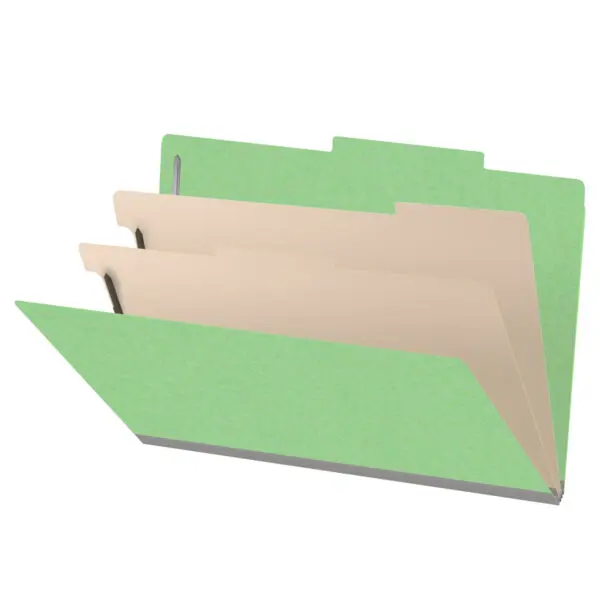 Green legal size top tab classification folder with 2" gray tyvek expansion, with 2" bonded fasteners on inside front and inside back and 1" duo fastener on dividers, 18 pt paper stock and 18 pt manila dividers, Packaged 10/50