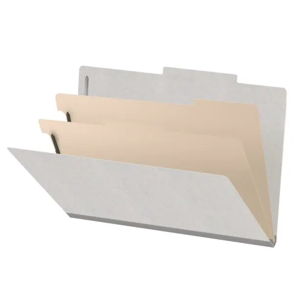 Grey legal size top tab classification folder with 2" gray tyvek expansion, with 2" bonded fasteners on inside front and inside back and 1" duo fastener on dividers, 18 pt paper stock and 18 pt manila dividers, Packaged 10/50