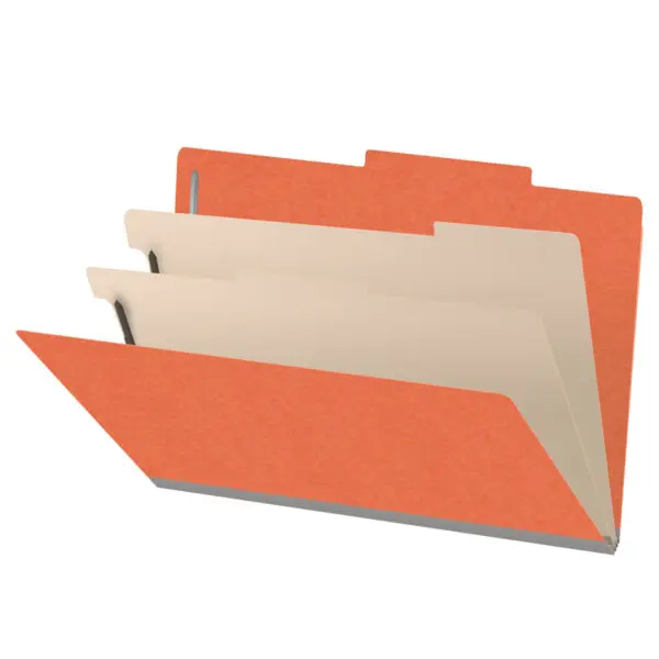 Orange legal size top tab classification folder with 2" gray tyvek expansion, with 2" bonded fasteners on inside front and inside back and 1" duo fastener on dividers, 18 pt paper stock and 18 pt manila dividers, Packaged 10/50