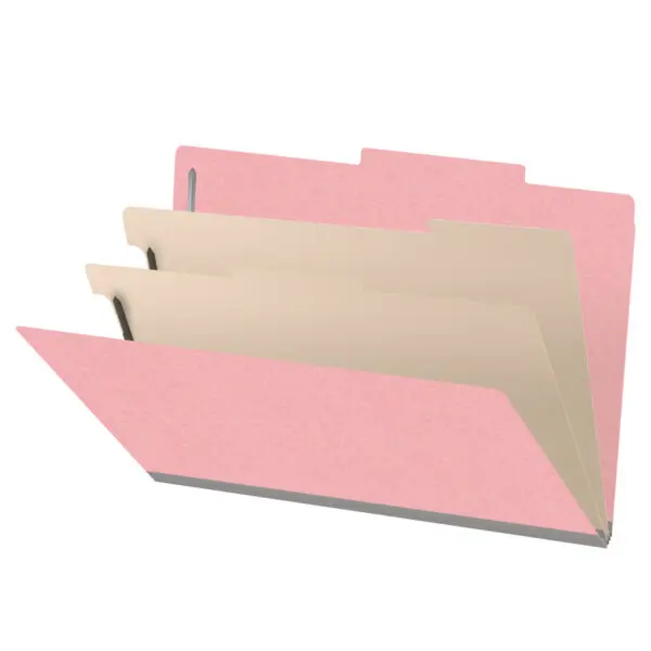 Pink legal size top tab classification folder with 2" gray tyvek expansion, with 2" bonded fasteners on inside front and inside back and 1" duo fastener on dividers, 18 pt paper stock and 18 pt manila dividers, Packaged 10/50