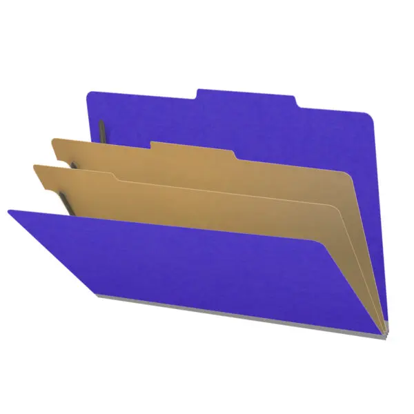 Purple legal size top tab classification folder with 2" gray tyvek expansion, with 2" bonded fasteners on inside front and inside back and 1" duo fastener on dividers, 18 pt paper stock and 18 pt manila dividers, Packaged 10/50
