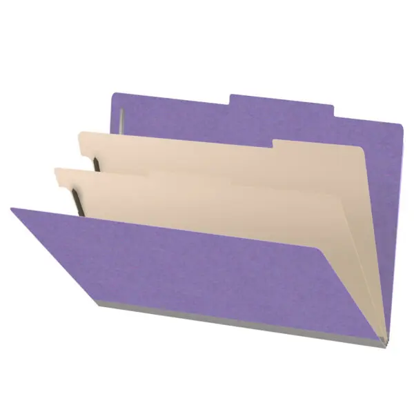 Purple legal size top tab classification folder with 2" gray tyvek expansion, with 2" bonded fasteners on inside front and inside back and 1" duo fastener on dividers, 18 pt paper stock and 18 pt manila dividers, Packaged 10/50