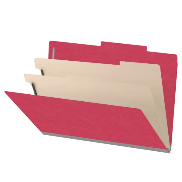 Red legal size top tab classification folder with 2" gray tyvek expansion, with 2" bonded fasteners on inside front and inside back and 1" duo fastener on dividers, 18 pt paper stock and 18 pt manila dividers, Packaged 10/50