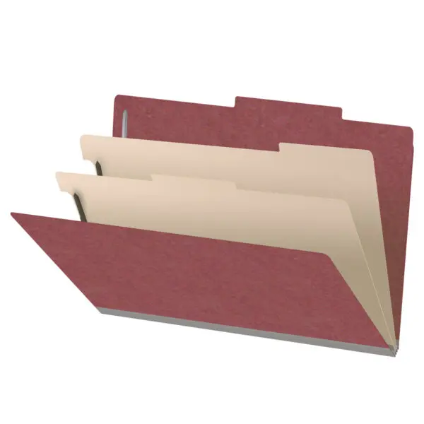 Dark red legal size top tab two divider classification folder with 2" russet brown tyvek expansion, with 2" bonded fasteners on inside front and inside back and 1" duo fastener on dividers, 25 pt type 3 pressboard stock covers and 18 pt manila dividers, Packaged 10/50