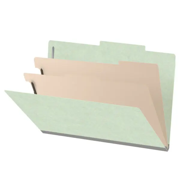 Pale green legal size top tab two divider classification folder with 2" gray tyvek expansion, with 2" bonded fasteners on inside front and inside back and 1" duo fastener on dividers, 25 pt type 3 pressboard stock covers and 18 pt manila dividers, Packaged 10/50