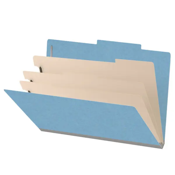 Blue legal size top tab classification folder with 3" gray tyvek expansion, with 2" bonded fasteners on inside front and inside back and 1" duo fastener on dividers, 18 pt paper stock and 18 pt manila dividers, Packaged 10/50