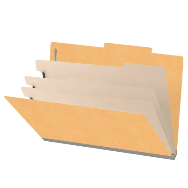 Gold legal size top tab classification folder with 3" gray tyvek expansion, with 2" bonded fasteners on inside front and inside back and 1" duo fastener on dividers, 18 pt paper stock and 18 pt manila dividers, Packaged 10/50