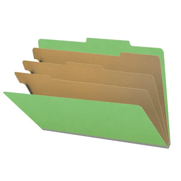 Green legal size top tab classification folder with 3" gray tyvek expansion, with 2" bonded fasteners on inside front and inside back and 1" duo fastener on dividers, 18 pt paper stock and 18 pt manila dividers, Packaged 10/50