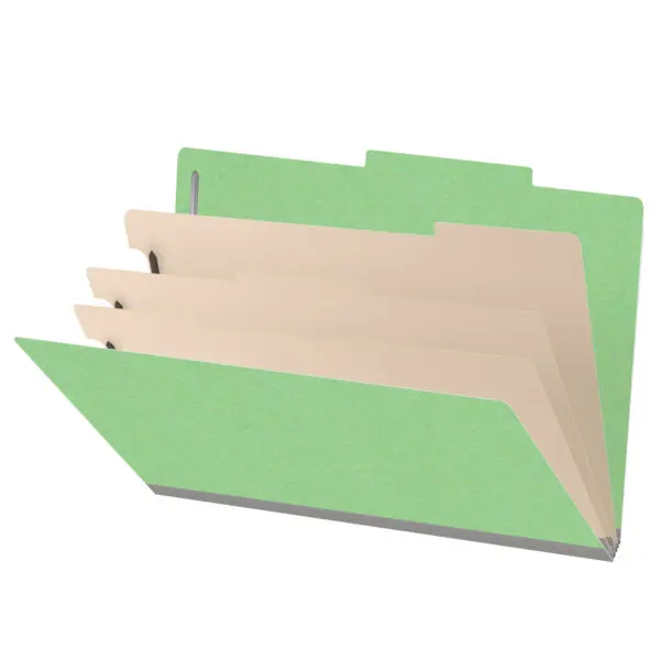 Green legal size top tab classification folder with 3" gray tyvek expansion, with 2" bonded fasteners on inside front and inside back and 1" duo fastener on dividers, 18 pt paper stock and 18 pt manila dividers, Packaged 10/50