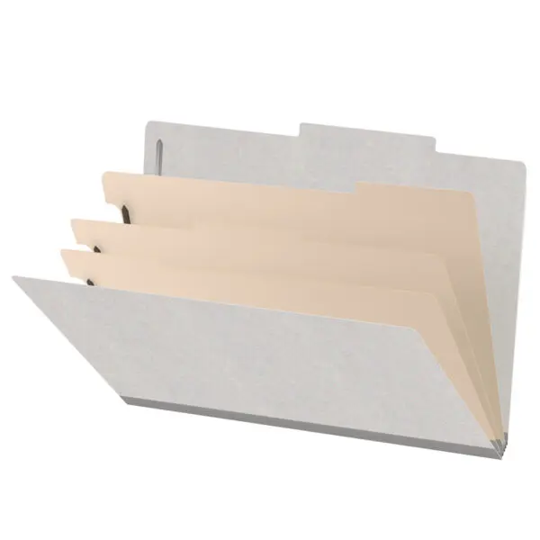 Grey legal size top tab classification folder with 3" gray tyvek expansion, with 2" bonded fasteners on inside front and inside back and 1" duo fastener on dividers, 18 pt paper stock and 18 pt manila dividers, Packaged 10/50