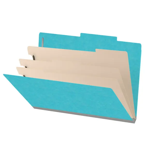 Light blue legal size top tab classification folder with 3" gray tyvek expansion, with 2" bonded fasteners on inside front and inside back and 1" duo fastener on dividers, 18 pt paper stock and 18 pt manila dividers, Packaged 10/50