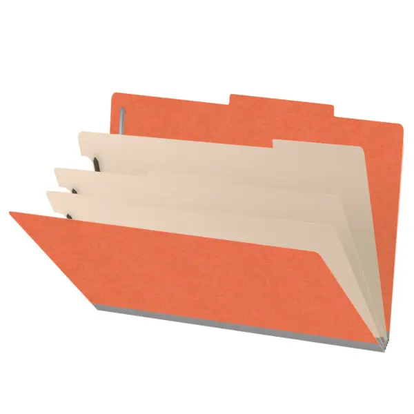 Orange legal size top tab classification folder with 3" gray tyvek expansion, with 2" bonded fasteners on inside front and inside back and 1" duo fastener on dividers, 18 pt paper stock and 18 pt manila dividers, Packaged 10/50