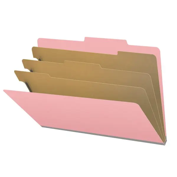 Pink legal size top tab classification folder with 3" gray tyvek expansion, with 2" bonded fasteners on inside front and inside back and 1" duo fastener on dividers, 18 pt paper stock and 18 pt manila dividers, Packaged 10/50