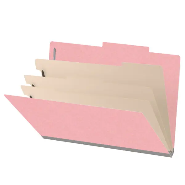 Pink legal size top tab classification folder with 3" gray tyvek expansion, with 2" bonded fasteners on inside front and inside back and 1" duo fastener on dividers, 18 pt paper stock and 18 pt manila dividers, Packaged 10/50