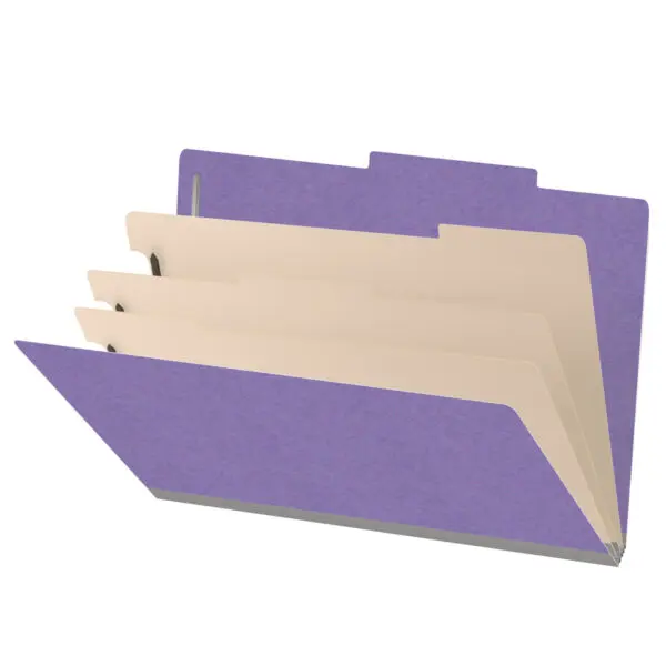 Purple legal size top tab classification folder with 3" gray tyvek expansion, with 2" bonded fasteners on inside front and inside back and 1" duo fastener on dividers, 18 pt paper stock and 18 pt manila dividers, Packaged 10/50