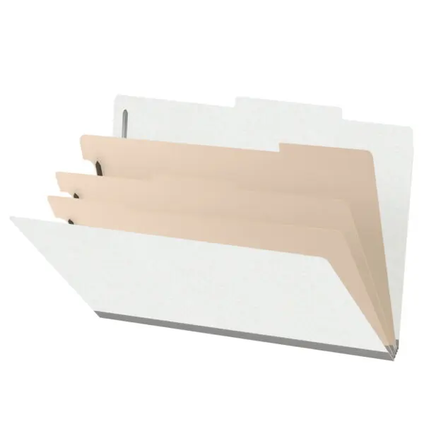 White legal size top tab classification folder with 3" gray tyvek expansion, with 2" bonded fasteners on inside front and inside back and 1" duo fastener on dividers, 18 pt paper stock and 18 pt manila dividers, Packaged 10/50