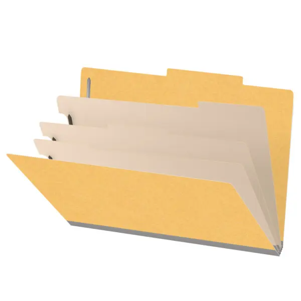 Yellow legal size top tab classification folder with 3" gray tyvek expansion, with 2" bonded fasteners on inside front and inside back and 1" duo fastener on dividers, 18 pt paper stock and 18 pt manila dividers, Packaged 10/50
