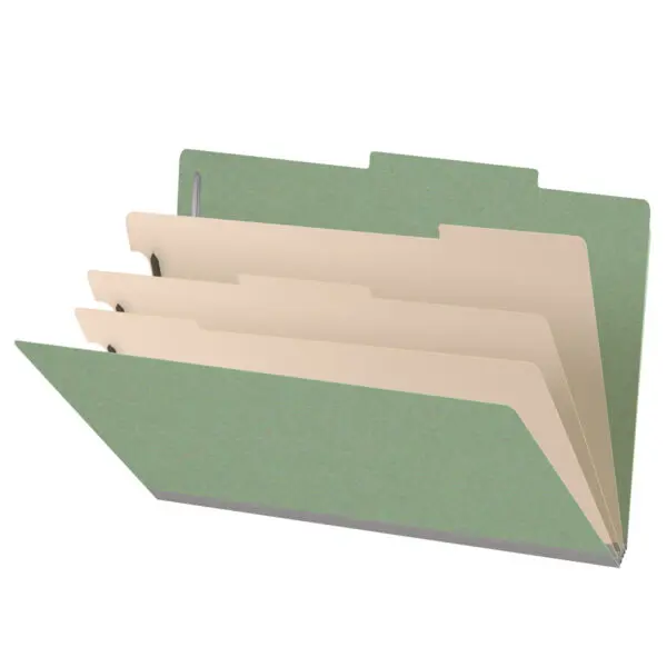A Green legal size top tab three divider classification folder with 3" gray tyvek expansion, with 2" bonded fasteners on inside front and inside back and 1" duo fastener on dividers, 25 pt type 3 pressboard stock covers and 18 pt manila dividers, Packaged 10/50